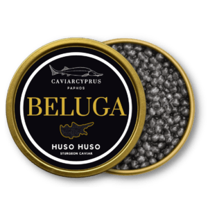 An unsealed container showing the premium Special Reserve Beluga Caviar product of Caviar Cyprus Paphos.