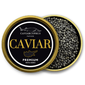 An unsealed container showing the premium Royal Baerii Caviar product of Caviar Cyprus Paphos.